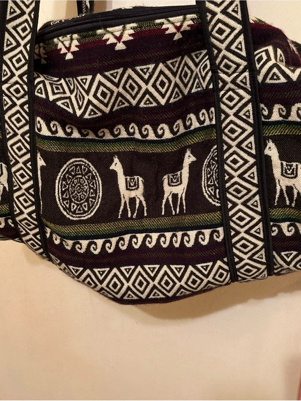 Indigenous Tribal Print Duffel Bag - Black, Cream & Burgundy with animal/lamas.